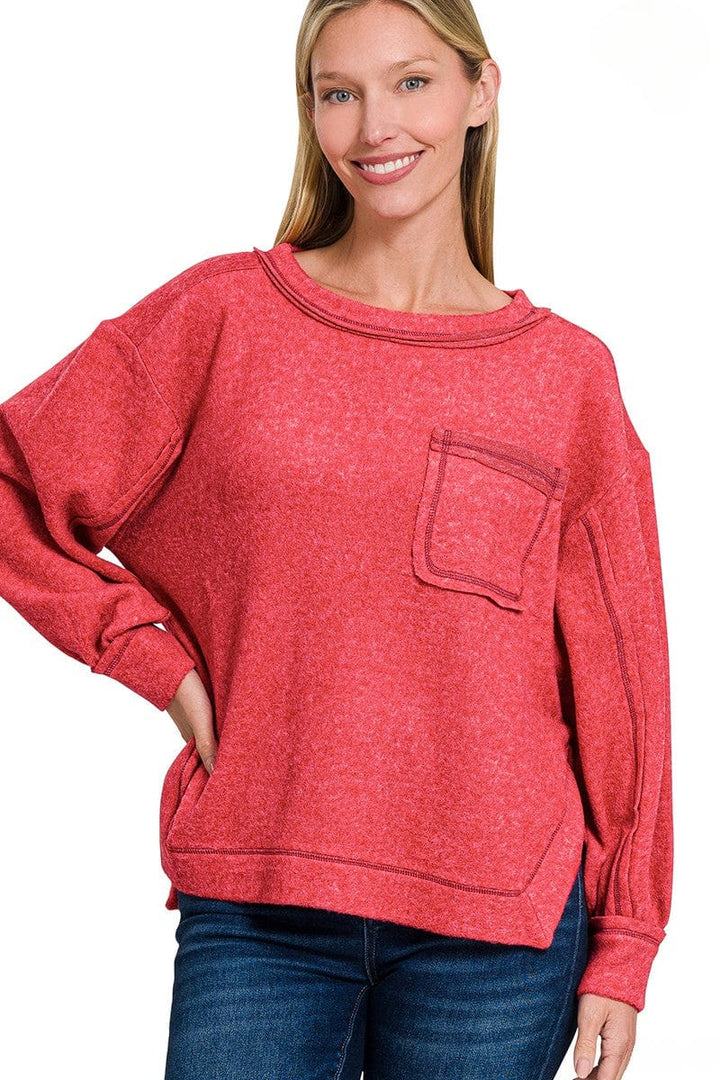 Zenana Brushed Hacci Hi-Low Round Neck Front Pocket Sweater
