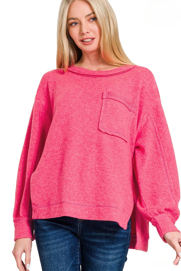 Zenana Brushed Hacci Hi-Low Round Neck Front Pocket Sweater