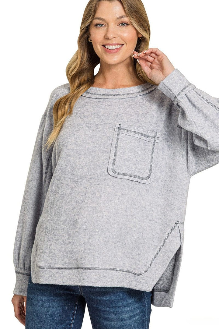 Zenana Brushed Hacci Hi-Low Round Neck Front Pocket Sweater