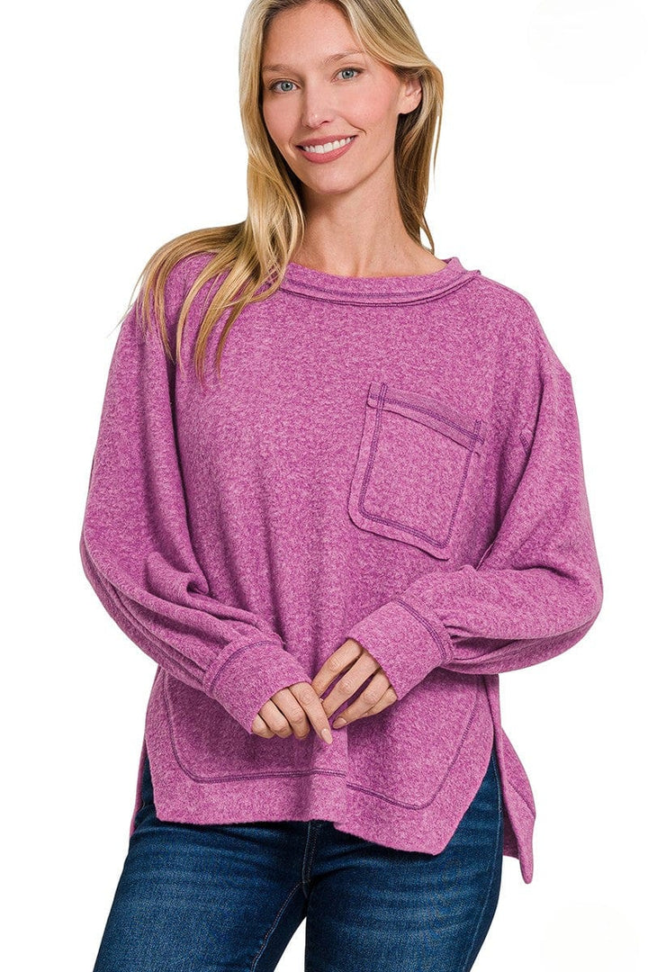 Zenana Brushed Hacci Hi-Low Round Neck Front Pocket Sweater