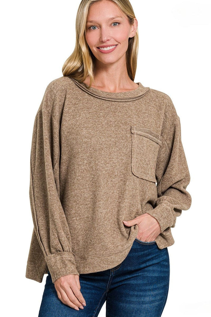 Zenana Brushed Hacci Hi-Low Round Neck Front Pocket Sweater