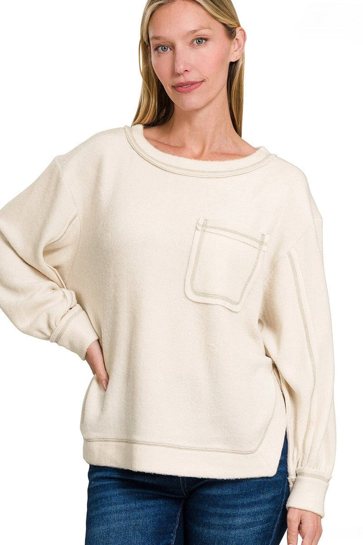 Zenana Brushed Hacci Hi-Low Round Neck Front Pocket Sweater