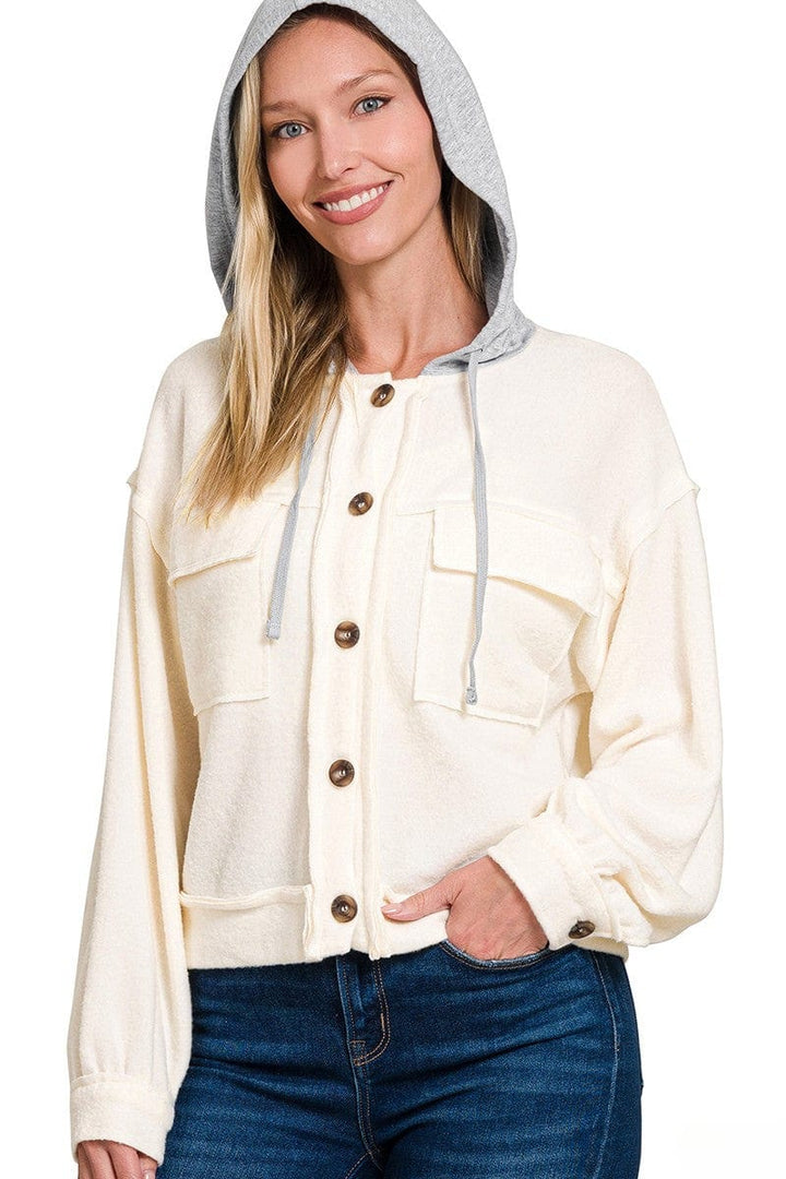 Zenana Brushed Hacci Hooded Button Down Shacket