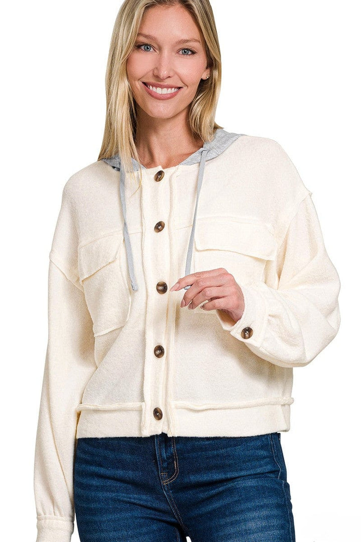 Zenana Brushed Hacci Hooded Button Down Shacket