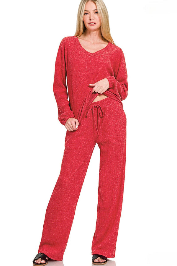 Zenana Brushed Hacci Long Sleeve Top and Pants Set