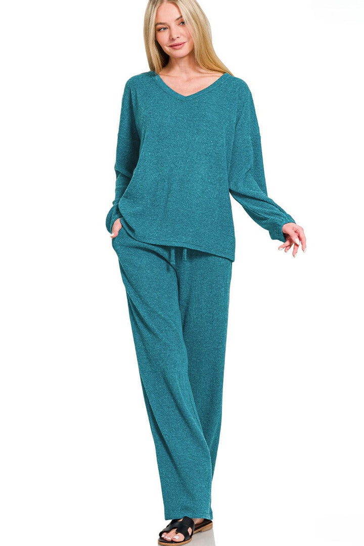 Zenana Brushed Hacci Long Sleeve Top and Pants Set