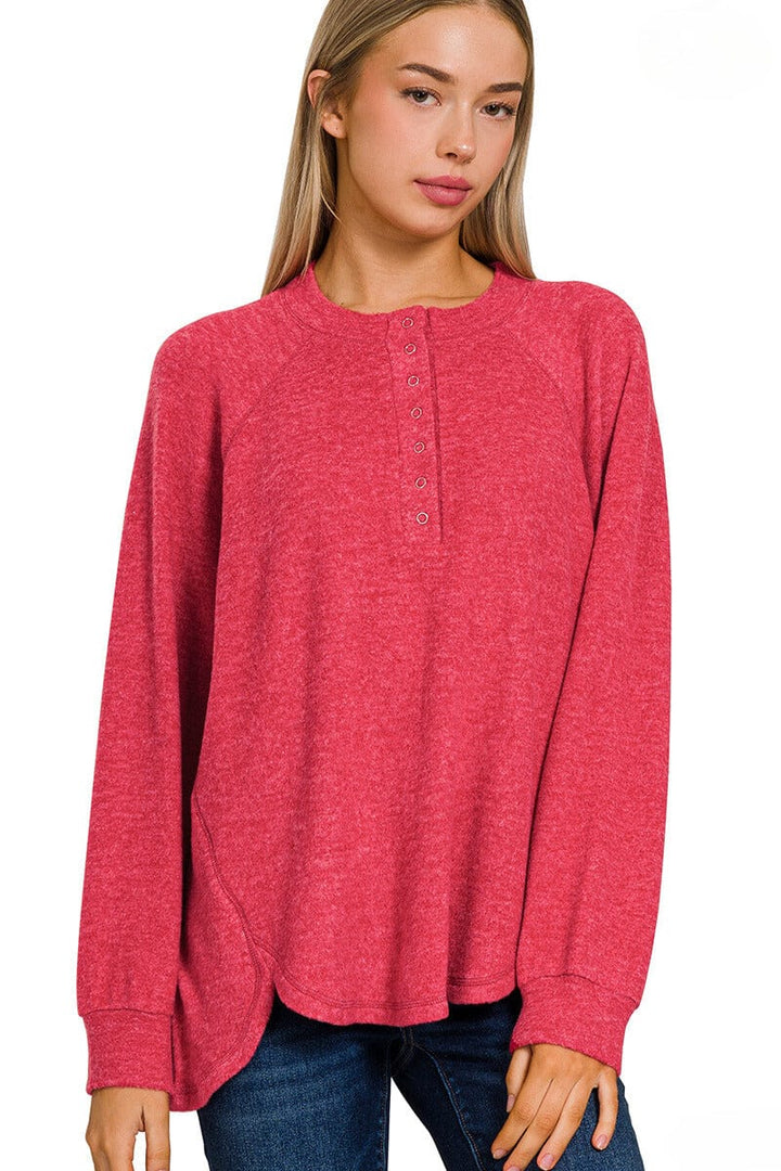 Zenana Brushed Melange Hacci Oversized Henley Button Placket Sweater