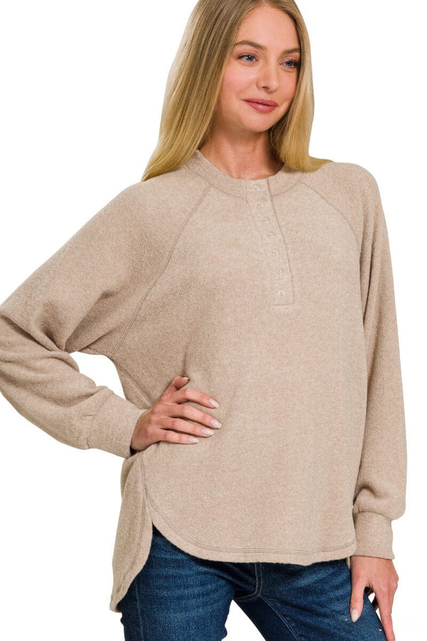 Zenana Brushed Melange Hacci Oversized Henley Button Placket Sweater