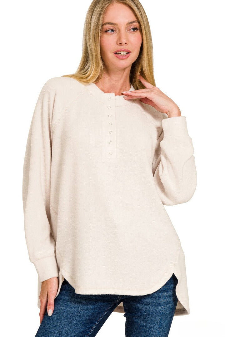 Zenana Brushed Melange Hacci Oversized Henley Button Placket Sweater