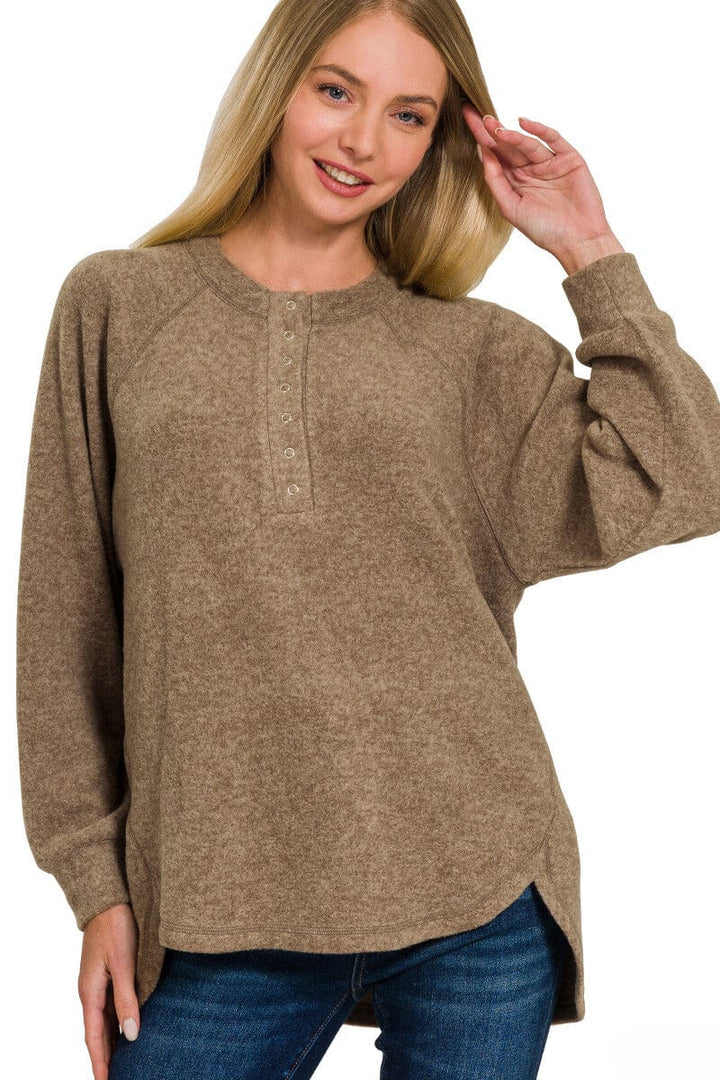 Zenana Brushed Melange Hacci Oversized Henley Button Placket Sweater