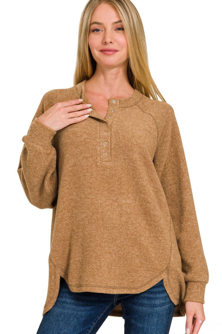 Zenana Brushed Melange Hacci Oversized Henley Button Placket Sweater