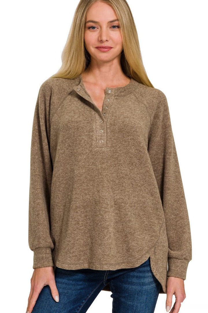 Zenana Brushed Melange Hacci Oversized Henley Button Placket Sweater