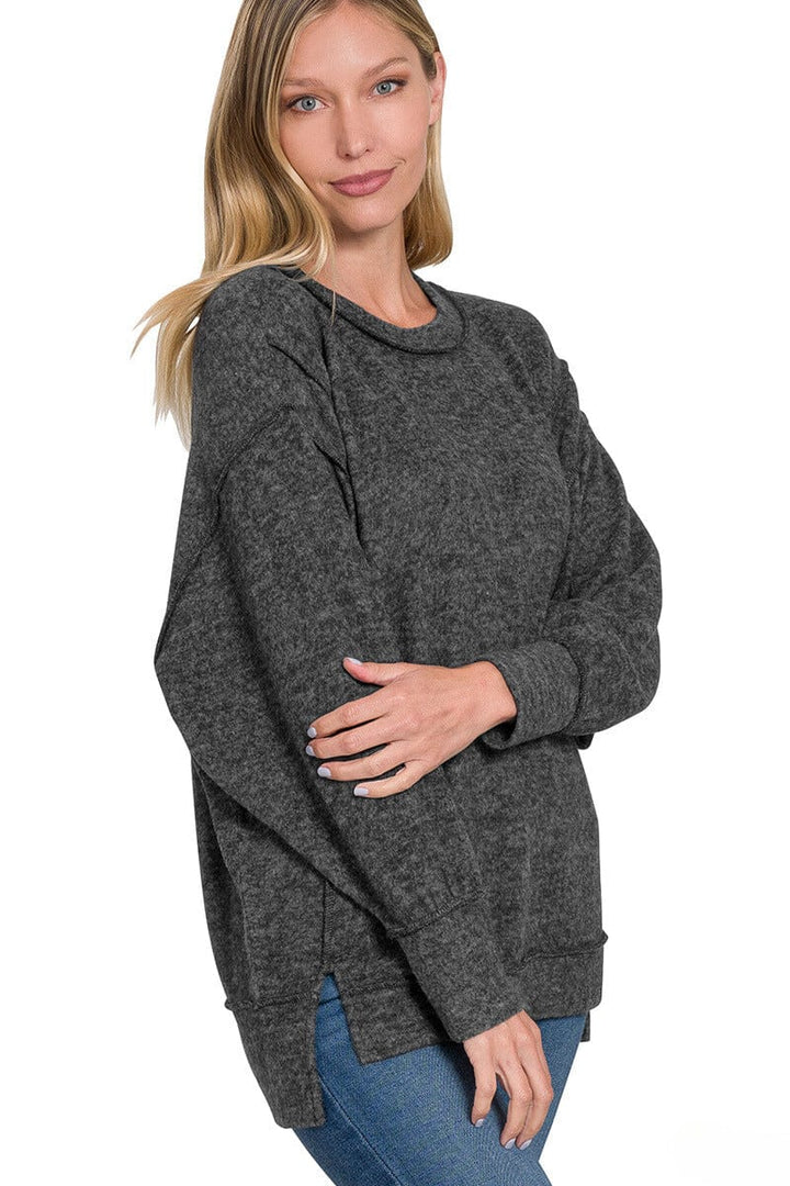 Zenana Brushed Melange Hacci Oversized Sweater with Exposed Seam Details