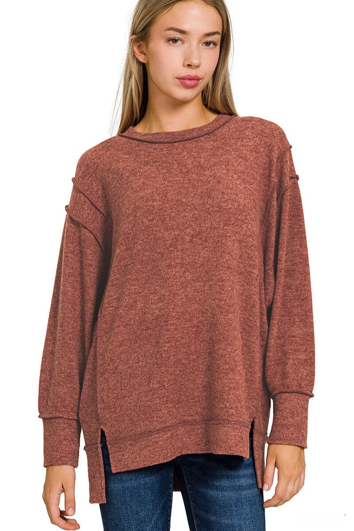 Zenana Brushed Melange Hacci Oversized Sweater with Exposed Seam Details