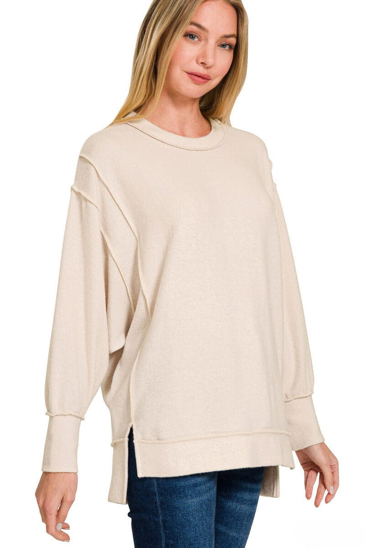 Zenana Brushed Melange Hacci Oversized Sweater with Exposed Seam Details