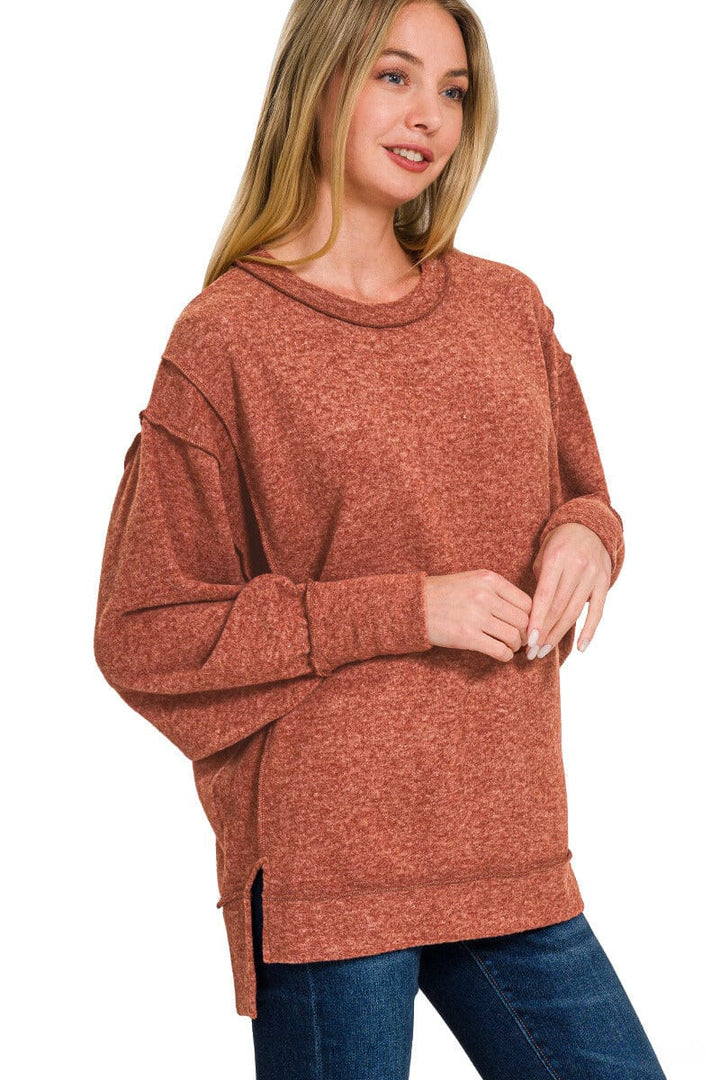 Zenana Brushed Melange Hacci Oversized Sweater with Exposed Seam Details