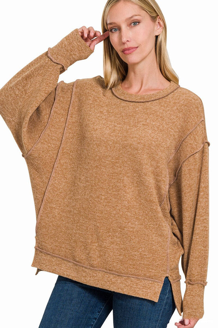 Zenana Brushed Melange Hacci Oversized Sweater with Exposed Seam Details