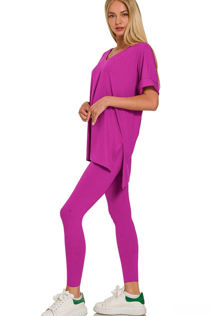 Zenana Brushed Microfiber Rolled Short Sleeve Top and Leggings Loungewear Set