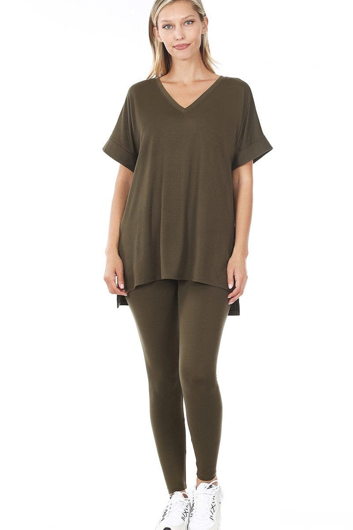Zenana Brushed Microfiber Rolled Short Sleeve Top and Leggings Loungewear Set
