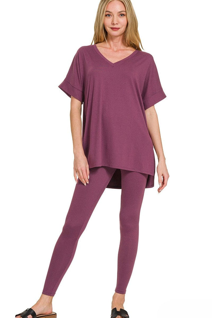 Zenana Brushed Microfiber Rolled Short Sleeve Top and Leggings Loungewear Set