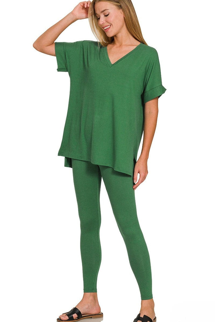 Zenana Brushed Microfiber Rolled Short Sleeve Top and Leggings Loungewear Set