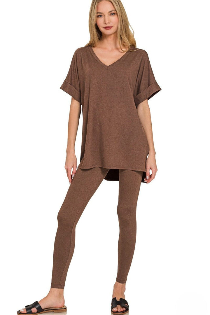Zenana Brushed Microfiber Rolled Short Sleeve Top and Leggings Loungewear Set