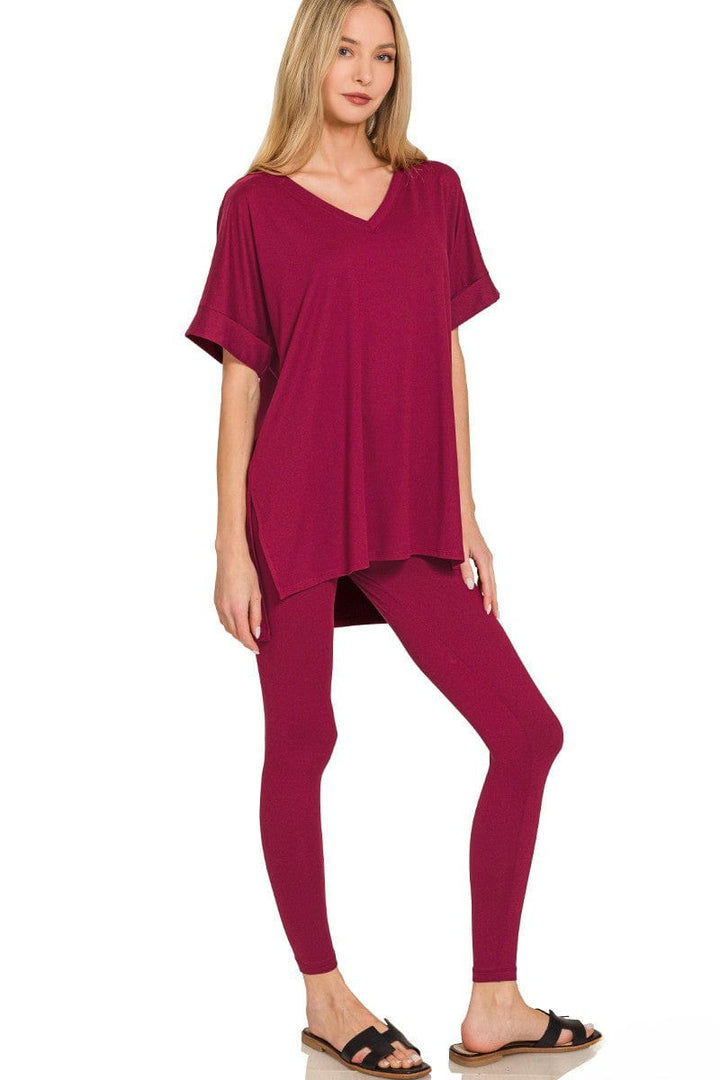 Zenana Brushed Microfiber Rolled Short Sleeve Top and Leggings Loungewear Set