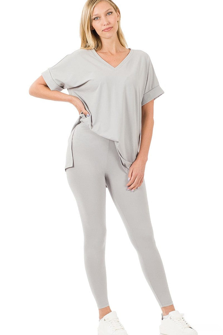 Zenana Brushed Microfiber Rolled Short Sleeve Top and Leggings Loungewear Set