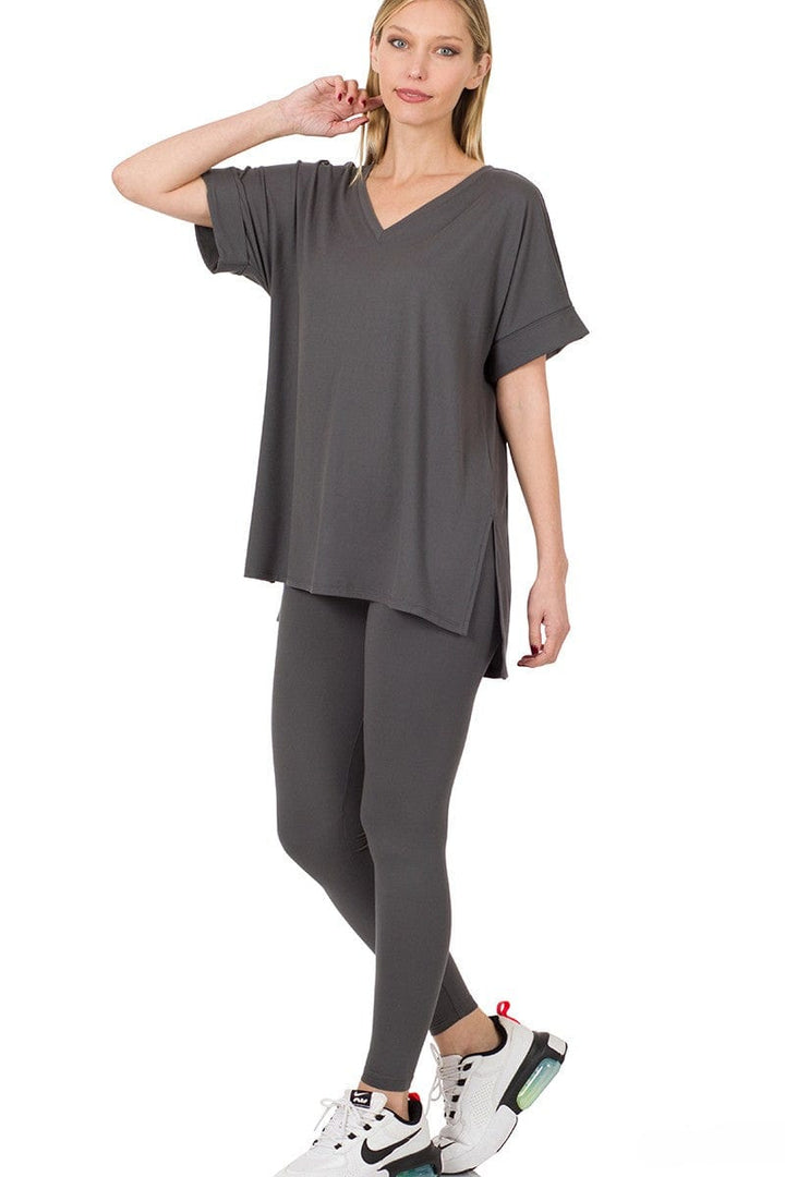 Zenana Brushed Microfiber Rolled Short Sleeve Top and Leggings Loungewear Set