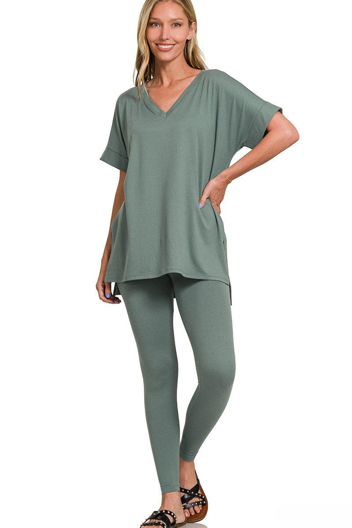 Zenana Brushed Microfiber Rolled Short Sleeve Top and Leggings Loungewear Set