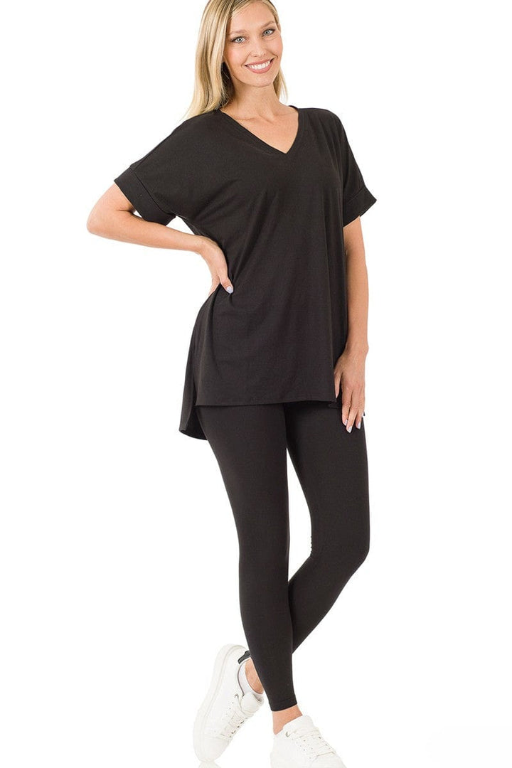 Zenana Brushed Microfiber Rolled Short Sleeve Top and Leggings Loungewear Set