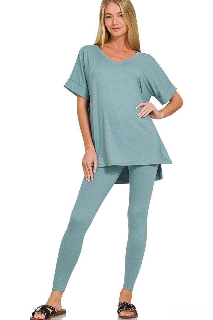 Zenana Brushed Microfiber Rolled Short Sleeve Top and Leggings Loungewear Set