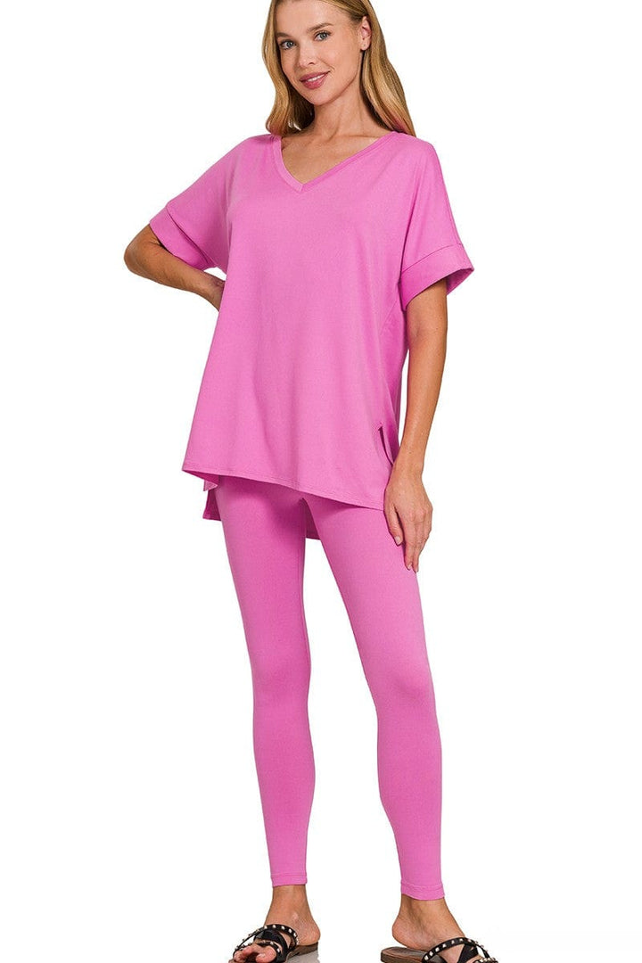 Zenana Brushed Microfiber Rolled Short Sleeve Top and Leggings Loungewear Set
