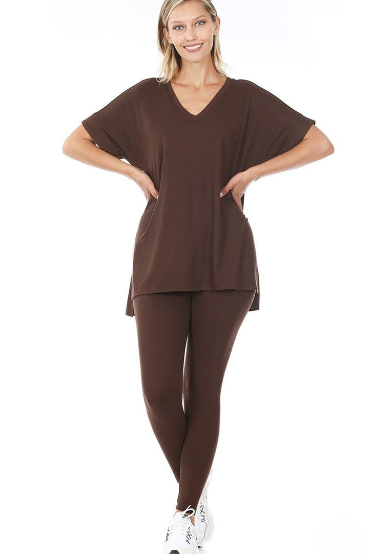 Zenana Brushed Microfiber Rolled Short Sleeve Top and Leggings Loungewear Set
