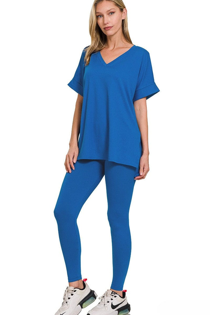 Zenana Brushed Microfiber Rolled Short Sleeve Top and Leggings Loungewear Set