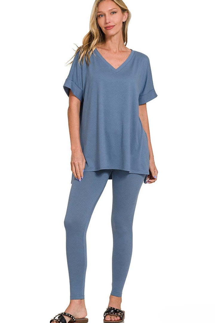 Zenana Brushed Microfiber Rolled Short Sleeve Top and Leggings Loungewear Set