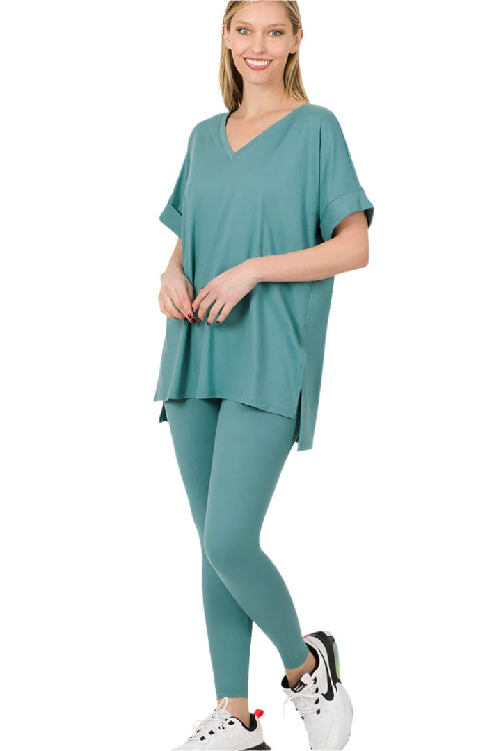 Zenana Brushed Microfiber Rolled Short Sleeve Top and Leggings Loungewear Set