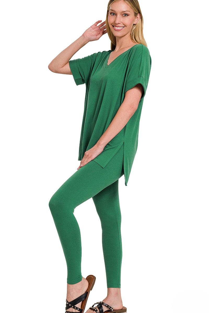 Zenana Brushed Microfiber Rolled Short Sleeve Top and Leggings Loungewear Set