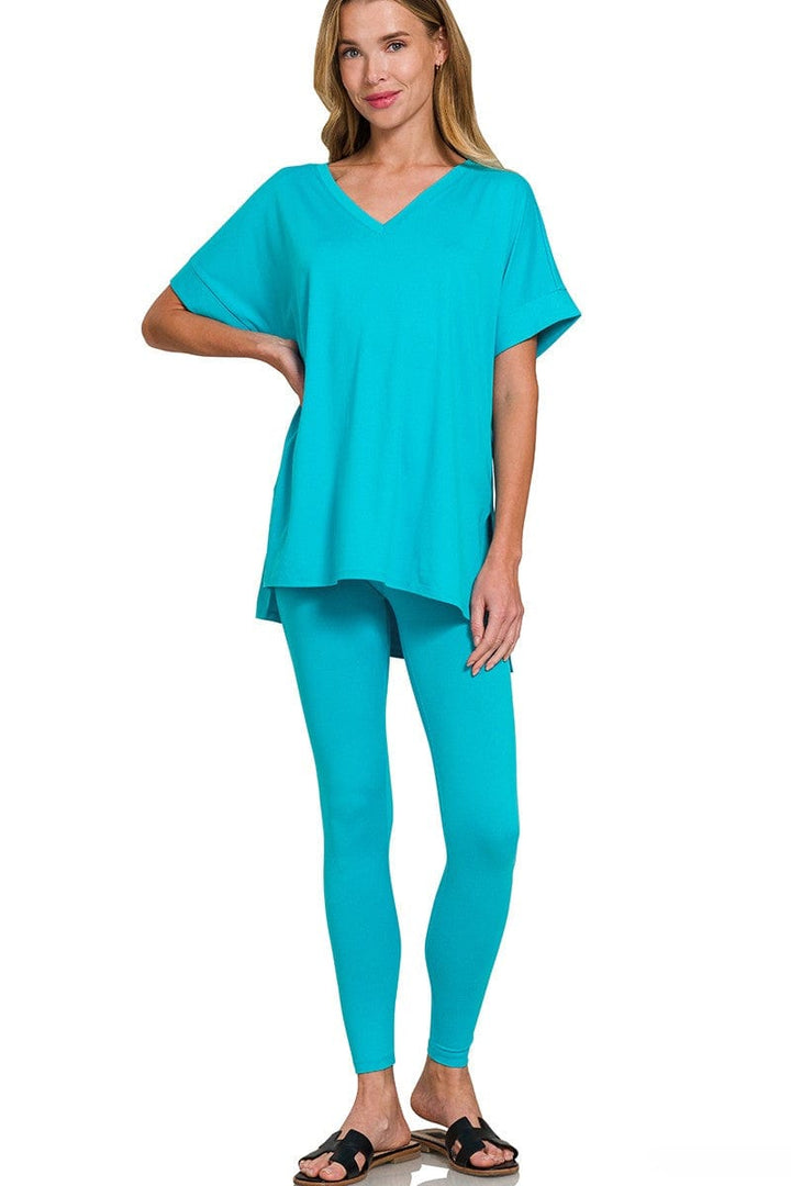 Zenana Brushed Microfiber Rolled Short Sleeve Top and Leggings Loungewear Set