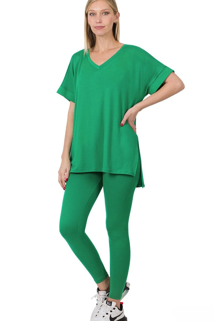 Zenana Brushed Microfiber Rolled Short Sleeve Top and Leggings Loungewear Set