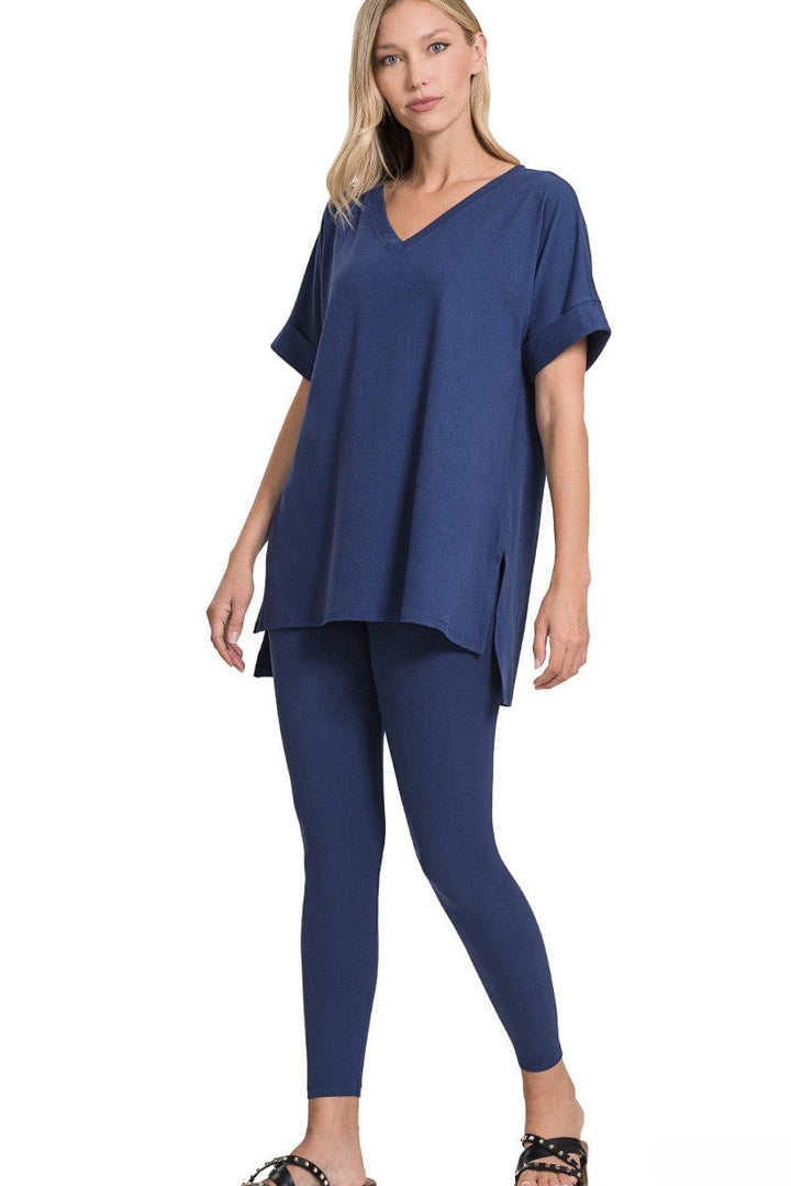 Zenana Brushed Microfiber Rolled Short Sleeve Top and Leggings Loungewear Set