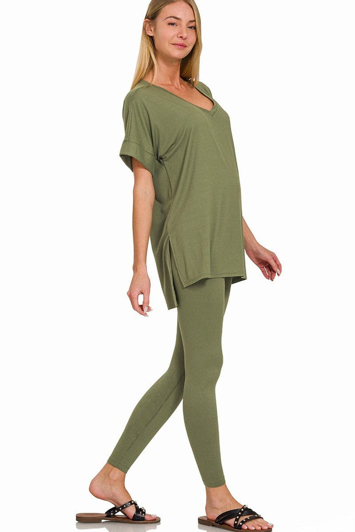 Zenana Brushed Microfiber Rolled Short Sleeve Top and Leggings Loungewear Set