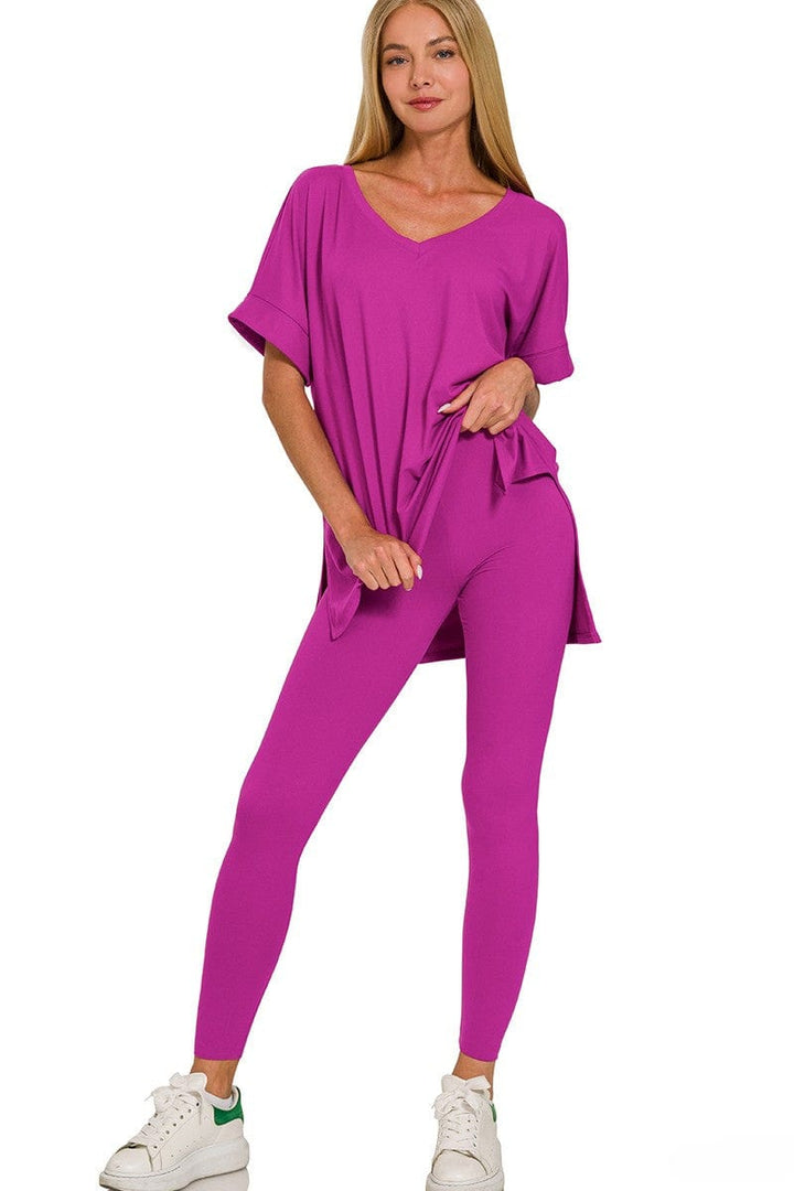 Zenana Brushed Microfiber Rolled Short Sleeve Top and Leggings Loungewear Set