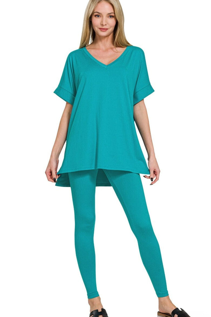 Zenana Brushed Microfiber Rolled Short Sleeve Top and Leggings Loungewear Set