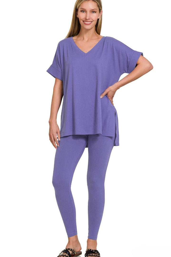 Zenana Brushed Microfiber Rolled Short Sleeve Top and Leggings Loungewear Set