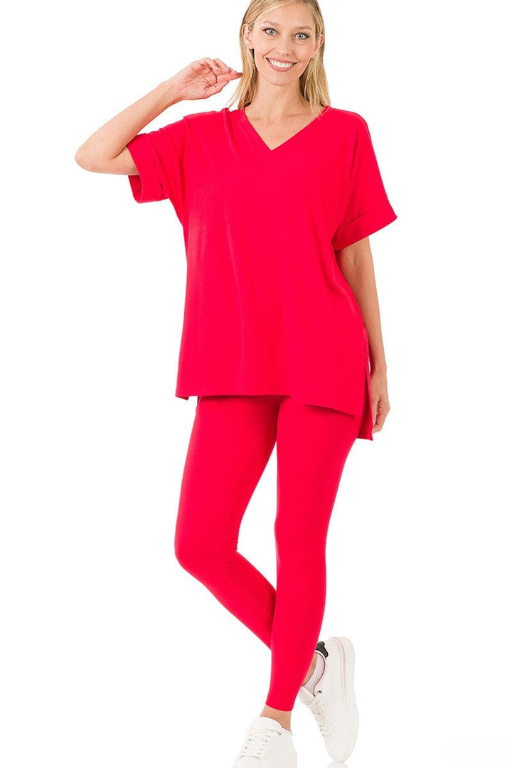Zenana Brushed Microfiber Rolled Short Sleeve Top and Leggings Loungewear Set