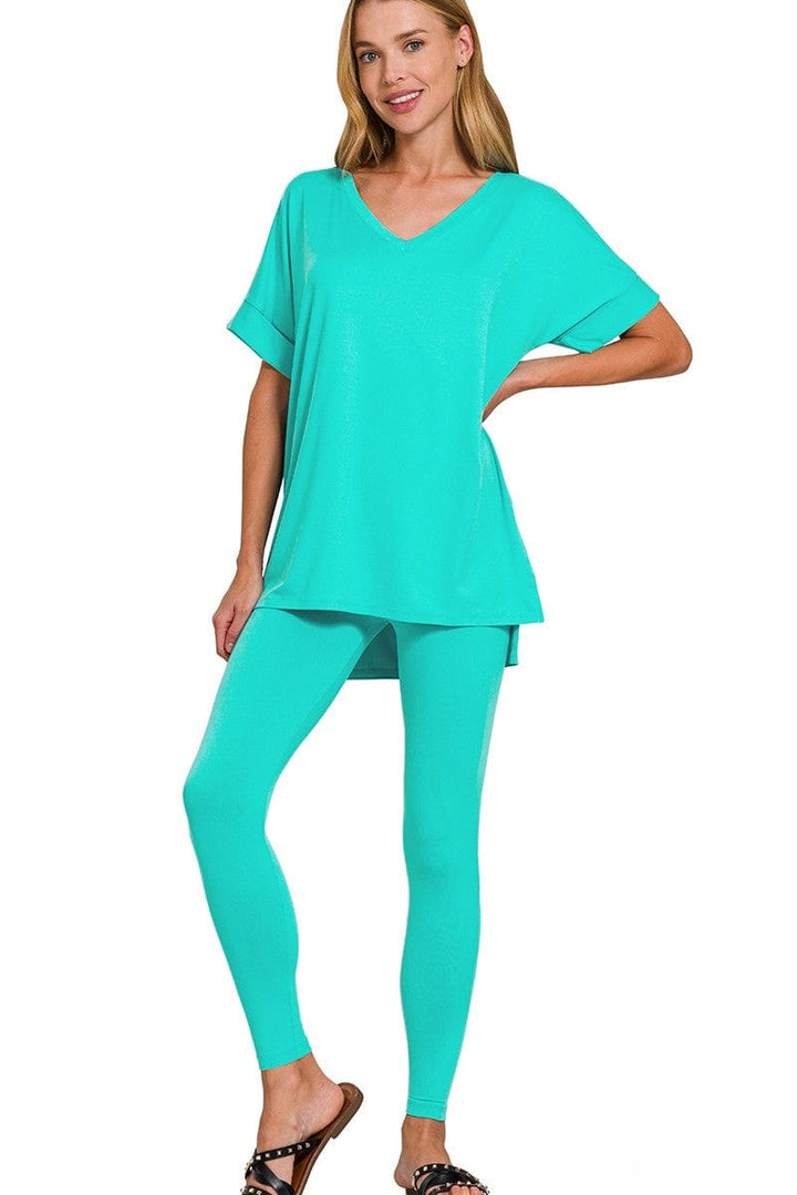Zenana Brushed Microfiber Rolled Short Sleeve Top and Leggings Loungewear Set