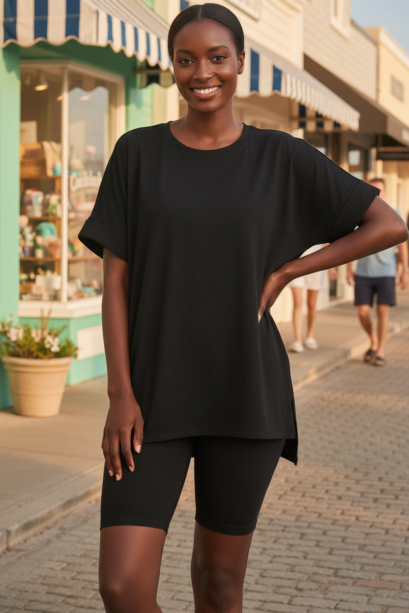 Zenana Brushed Microfiber Round Neck Top and Biker Shorts Set