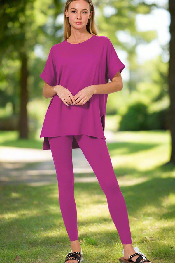 Zenana Brushed Microfiber Short Sleeve Round Neck Top and Leggings Loungewear Set