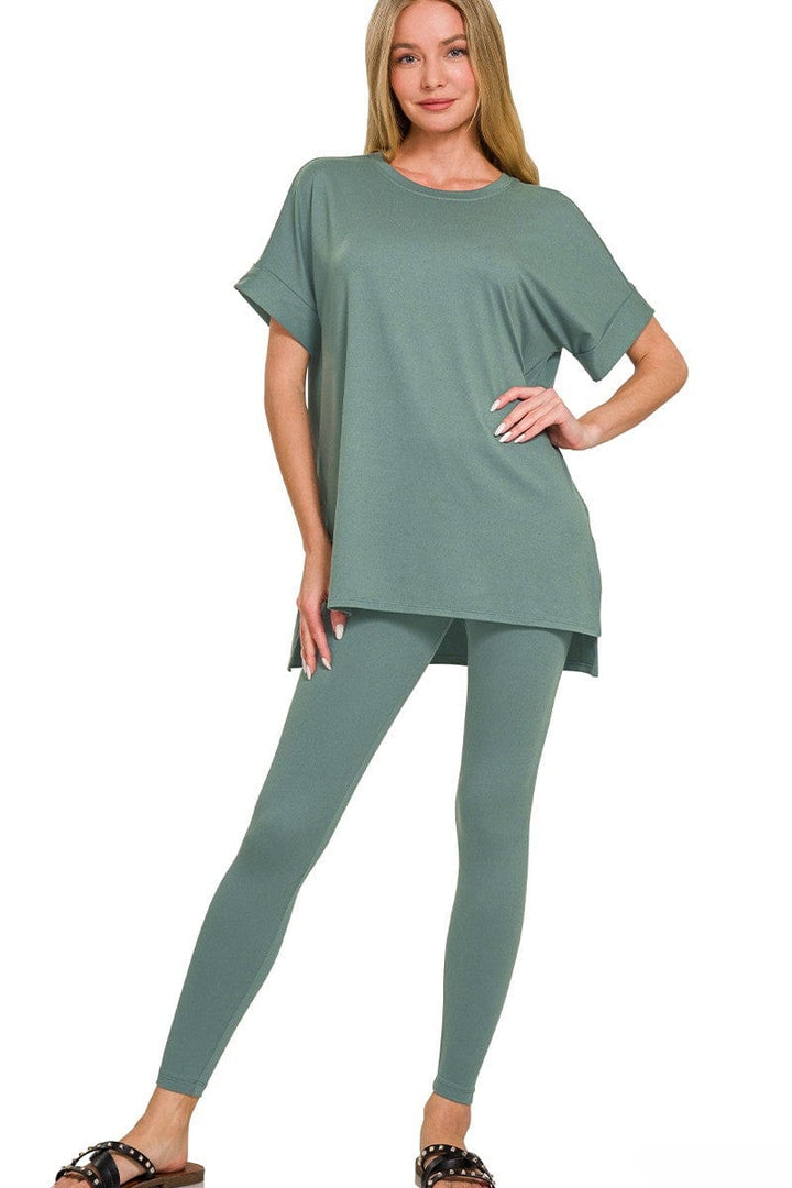Zenana Brushed Microfiber Short Sleeve Round Neck Top and Leggings Loungewear Set